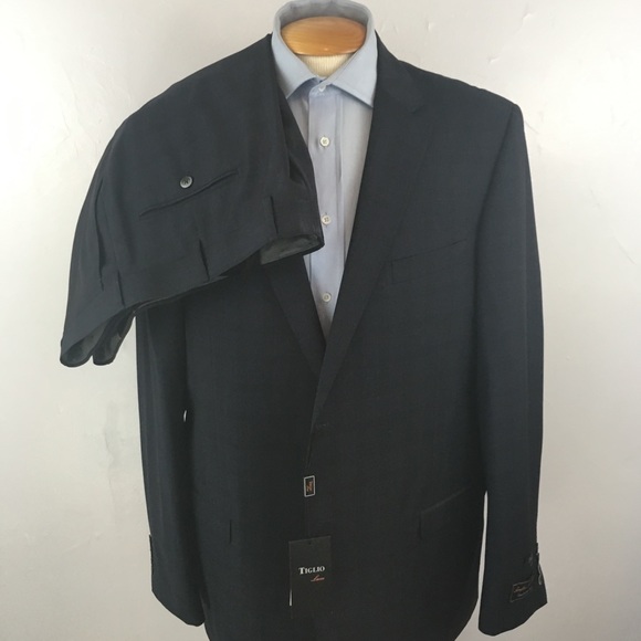 Tiglio mens suit blue plaid 48L checks 2 piece 100% wool 2 button new nwt ea0316